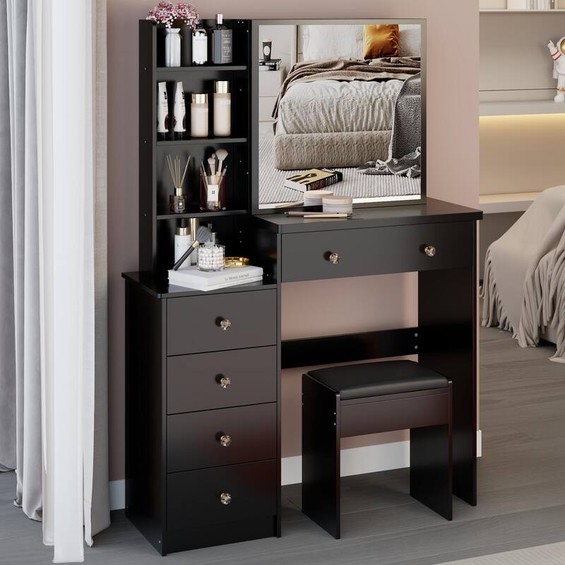 Middle Size Left Bedside Cabinet Vanity Table + Cushioned Stool,Large Right sliding mirror,Multi Layer High Capacity Storage