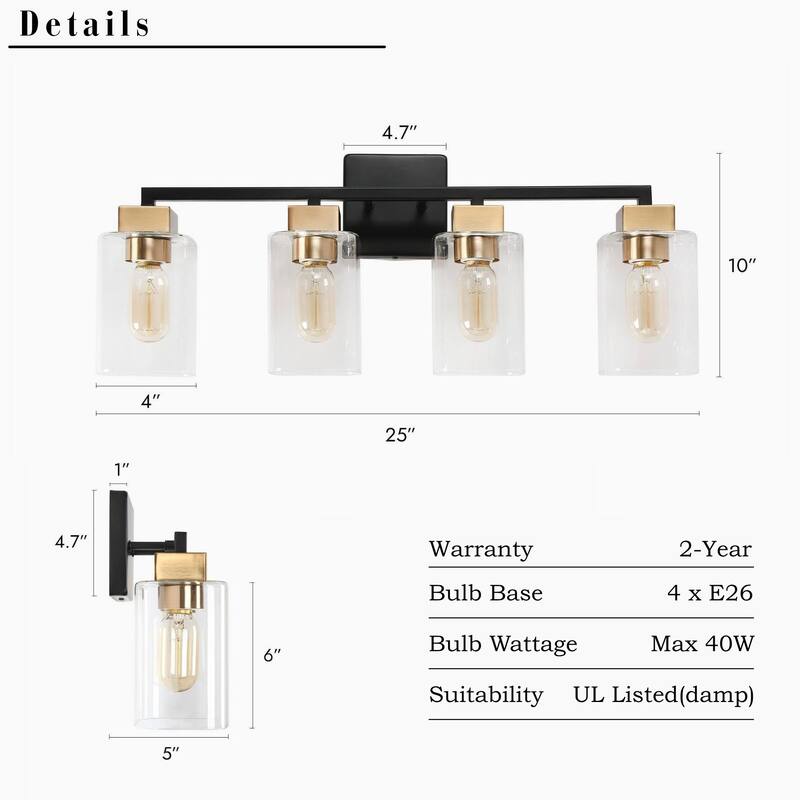 Caylin Mid-Century Modern Black Gold 4-Light Square Bathroom Vanity Lights Dimmable Wall Sconces - 25"L x 5.5"W x 10"H