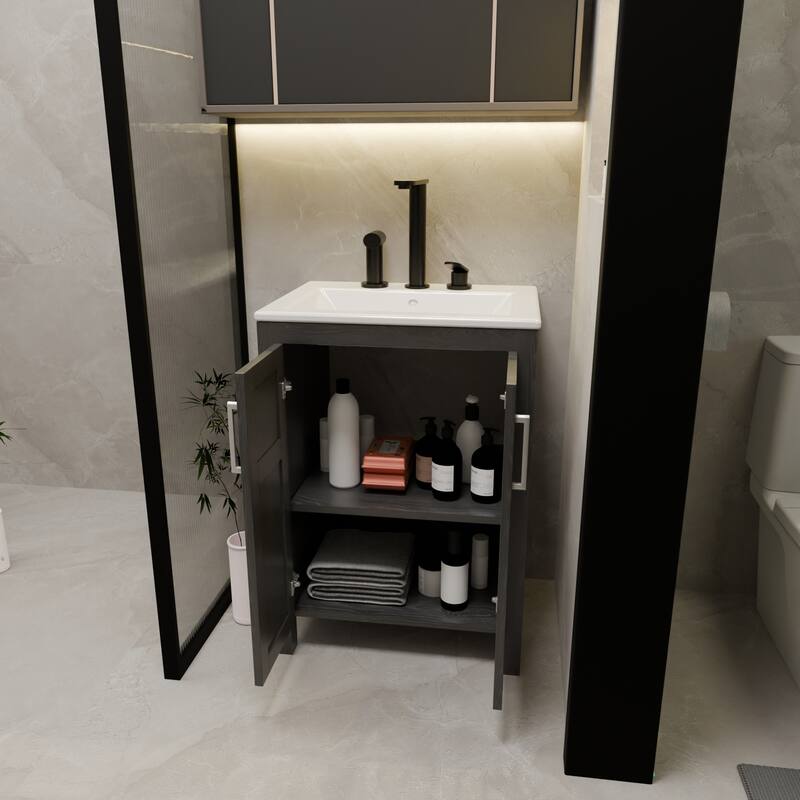 24" Black Bathroom Vanity Cabinet with White Ceramic Sink