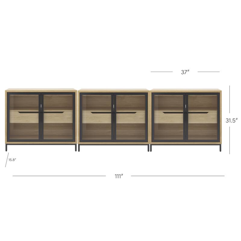 Mackenna Metal and Glass Sideboard Accent Cabinet with Two Doors, Oak Credenza for Kitchen or Living Room