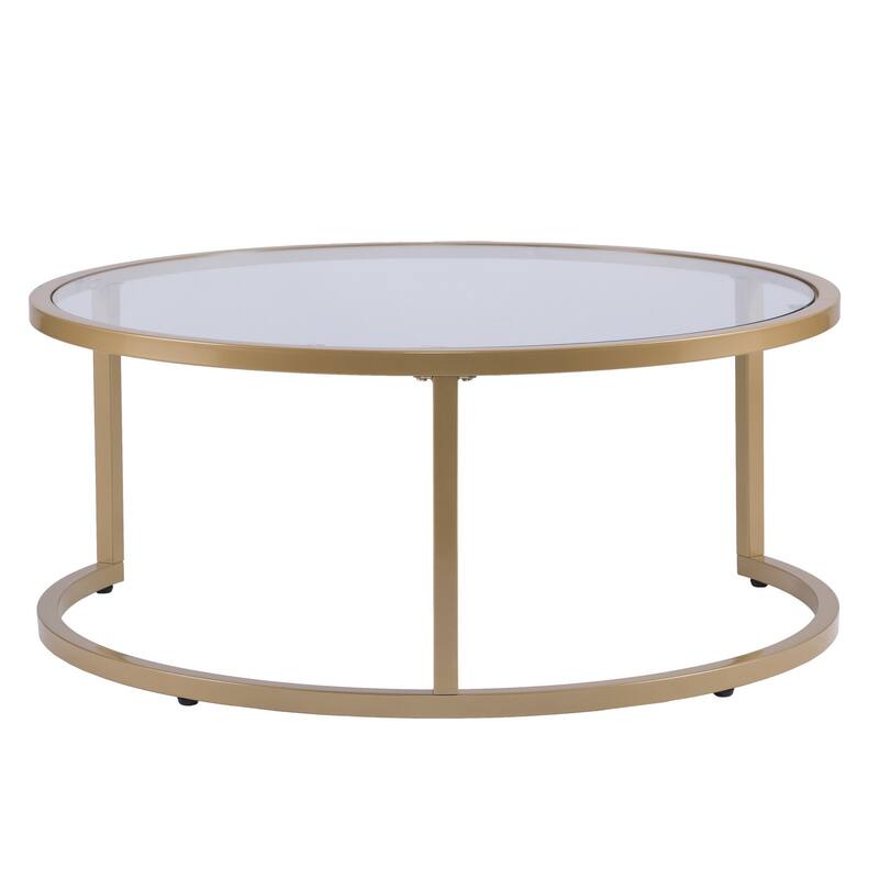 Set of Two Gold Glass Round Nested Coffee Tables - 14.75" H x 35.5" W x 35.5" D