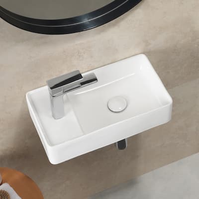 HOROW Small Vessel Sink with Pop Up Drain, 18" x10" Porcelain Ceramic Wall Mounted Mini Sink for Tiny Bathroom (Left Hand)
