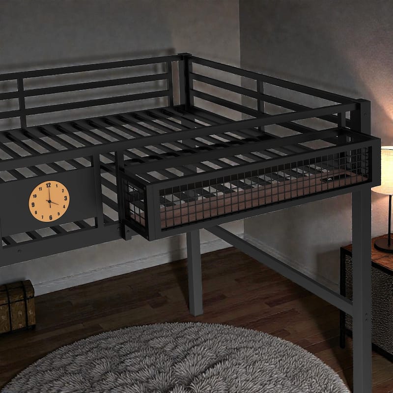 Queen Metal Loft Bed with Desk, Pegboard, Storage Basket, Clock, USB Charging Port & Space-Saving Workstation