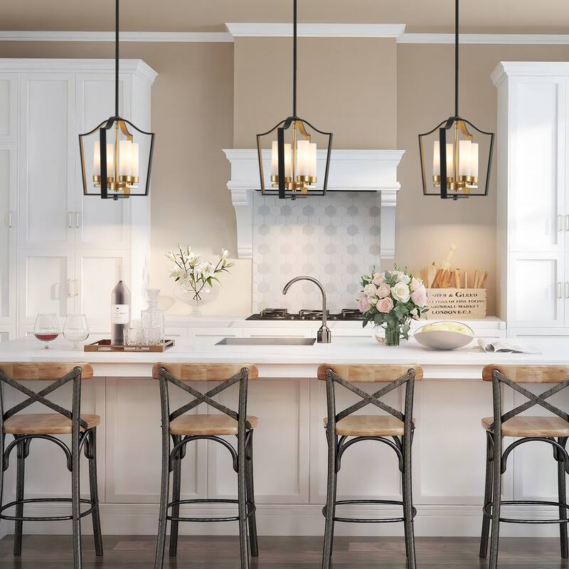 4-light Modern Matte Black with Gold Cage Design Candle-style Chandelier For Use in Bedrooms, Dining Rooms