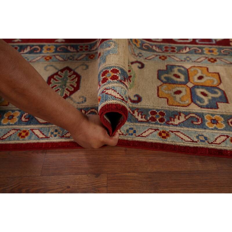 Geometric Red Kazak Area Rug Handmade Oriental Wool Carpet - 6'8" x 9'9"