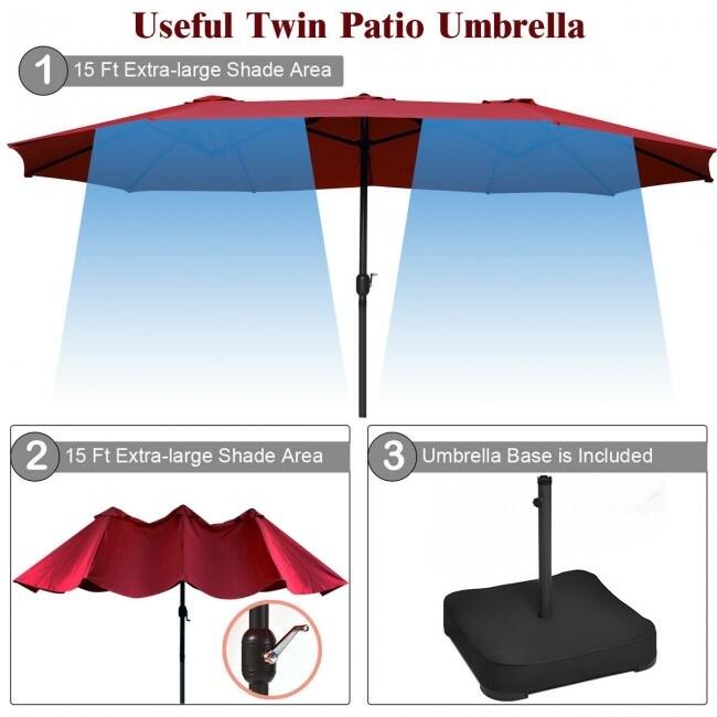 15 Foot Extra Large Patio Double Sided Umbrella with Crank and Base - 15' x 8' (W x H)