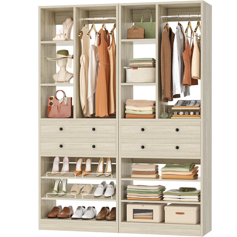 27.7'' Closet Organizer with Shoe Racks and Drawers, Closet System with Hanging Rod and Adjustable Shelves - Washed Oak - 2pcs