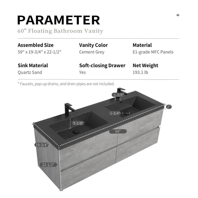 Modern Wall-Mounted Bathroom Vanity in Gray with Black Quartz Sand Top