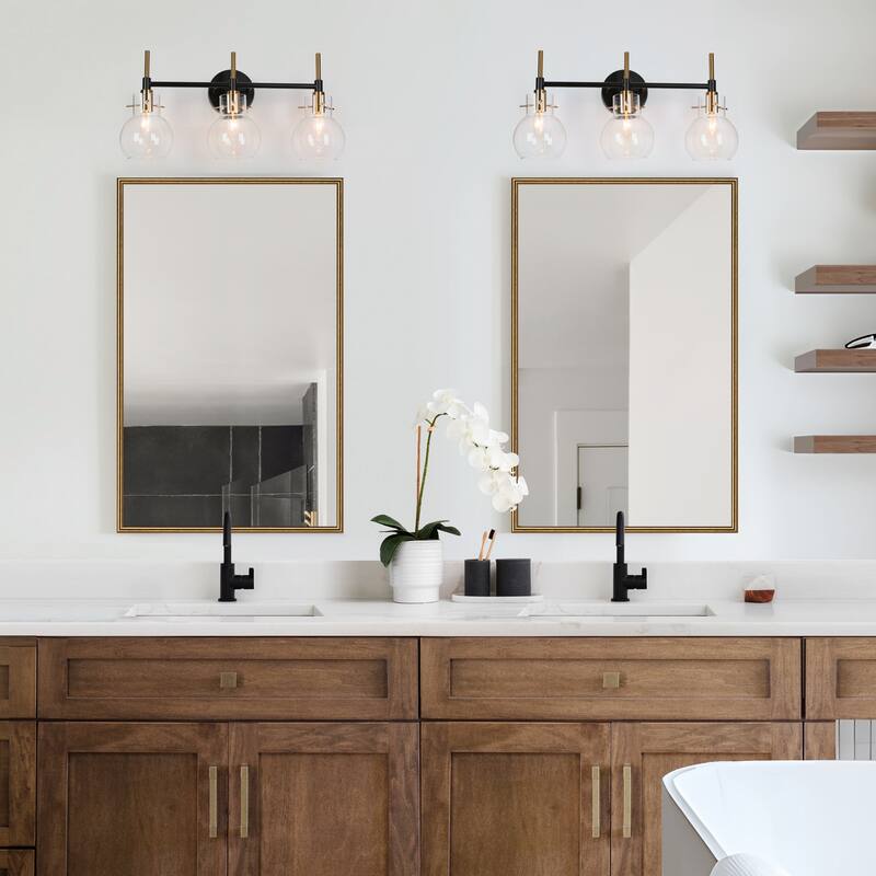 Modern 3-Light Black Gold Bathroom Vanity Light Dimmable Wall Sconces with Globe Glass - 21.5" L x 6.5" W x 10.5" H
