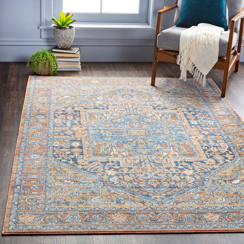 Livabliss Lupina Indoor/ Outdoor Traditional Medallion Area Rug - 7'10" x 10' - Blue/Orange