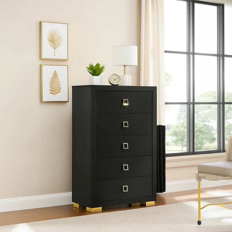 Lati Tall Dresser Chest, 5 Drawers, Black Wood, Gold Metal