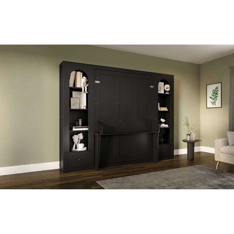 Roomfitters Queen Size Murphy Platform Bed with Side Cabinets and Drawers, LED Lights, Black