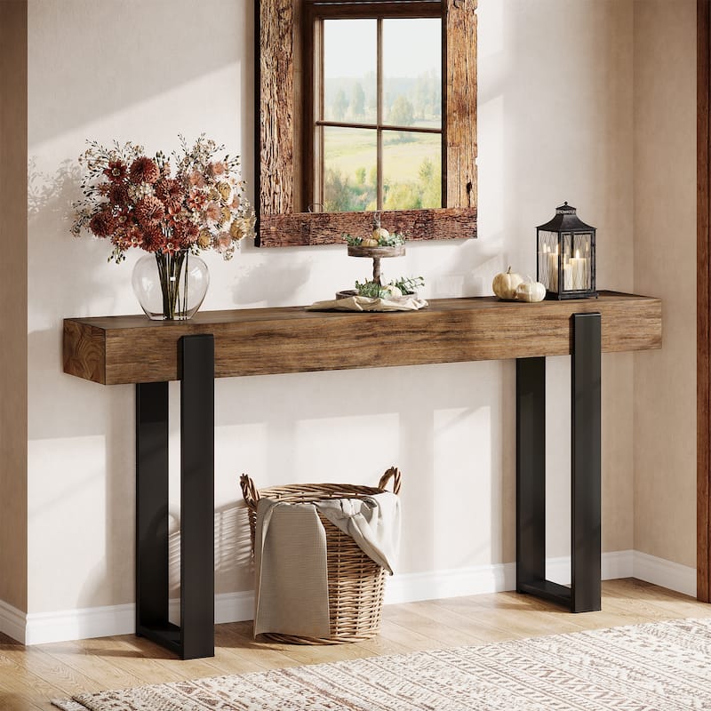 63 Inch Long Entryway Console Table, Solid Wood Top and Metal Legs