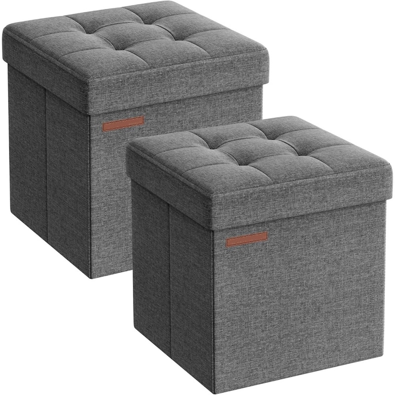 6 Gallon Folding Storage Ottoman with Comfortable Linen Seat Perfect for Living Room or Bedroom - Set-2 - Dark-Grey
