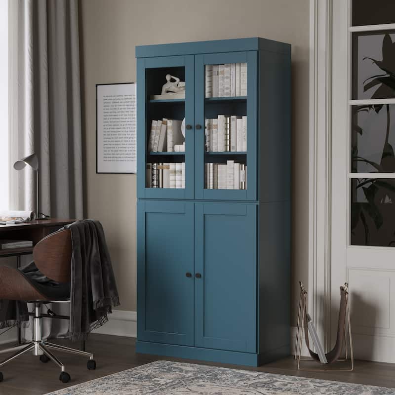 Palace Imports 100% Solid Wood 6-Shelf Bookcase with Clear Glass, Shaker Doors and Adjustable Shelves - Teal Blue