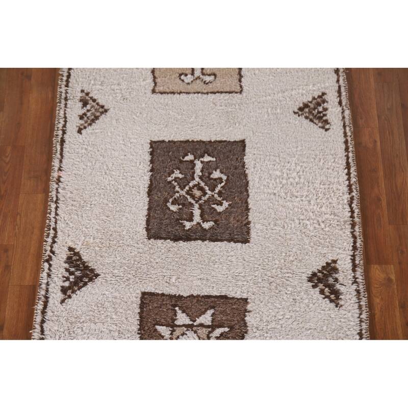 Tribal Anatolian Turkish Runner Rug Beige Wool Carpet - 3'4"x 12'3"