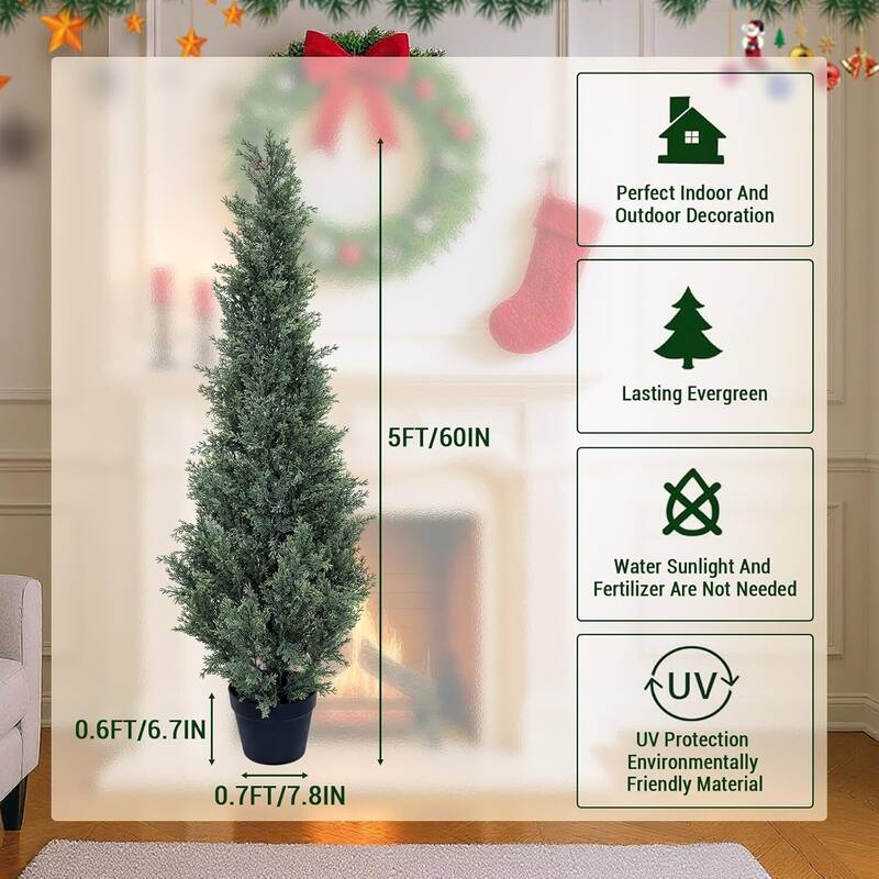 Set of 2 Artificial Cedar Topiary Trees for Home Decor Potted Fake Cypress Tree