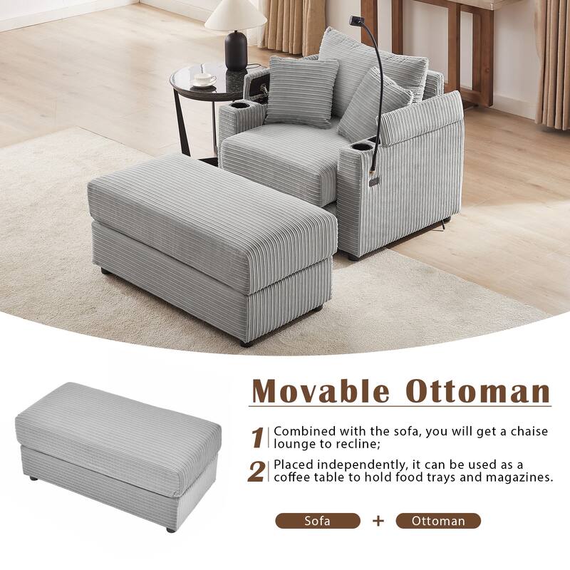 Anmytek Modern Living Room Single Sofa with Storage Space Movable Ottoman 2 USB Ports Phone Holder