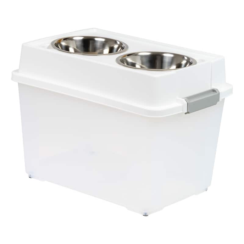 Elevated Feeder with Airtight Pet Food Storage and Removable Bowls, White - 47 LBS