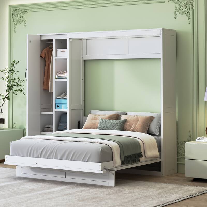 Space-Saving Full Size Wall Bed with Shelves, Wardrobe, and LED Lights, White