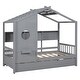 preview thumbnail 26 of 28, Semi-Enclosed House Bed, Wooden Roof Panel Bed Frame with Pull-out Trundle Bed, Storage Headboard Platform Bed
