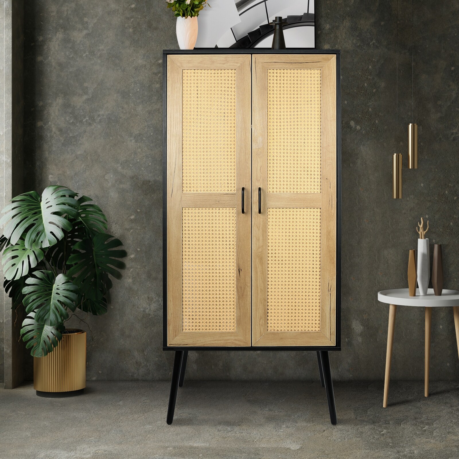 59'' Tall Rustic Farmhouse Storage Cabinet with Shelf Wide Countertop Wooden Cabinet with Rattan Design Nature Color - Bed Bath & Beyond