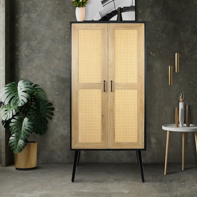 Rustic Wooden Farmhouse Storage Cabinet with Double Rattan Doors