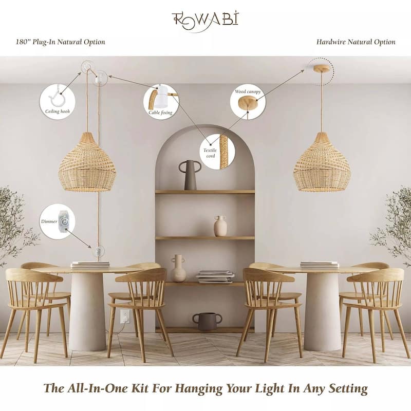 Grandeur Rattan Pendant Light - Brown Medium Dome 1-Light Handwoven Light Fixture For Modern, Transitional, Farmhouse Room Décor