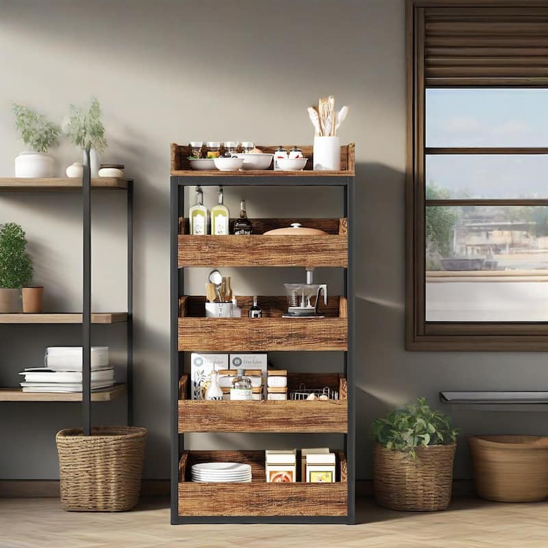 Brown 5 Drawer Pull Out Vegetable and Fruit Storage Rack with Particleboard and Metal for Kitchen Living Room and Retail Display