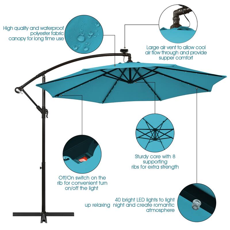 Costway 10 Ft Patio Solar LED Offset Umbrella 40 Lights Crank Cross