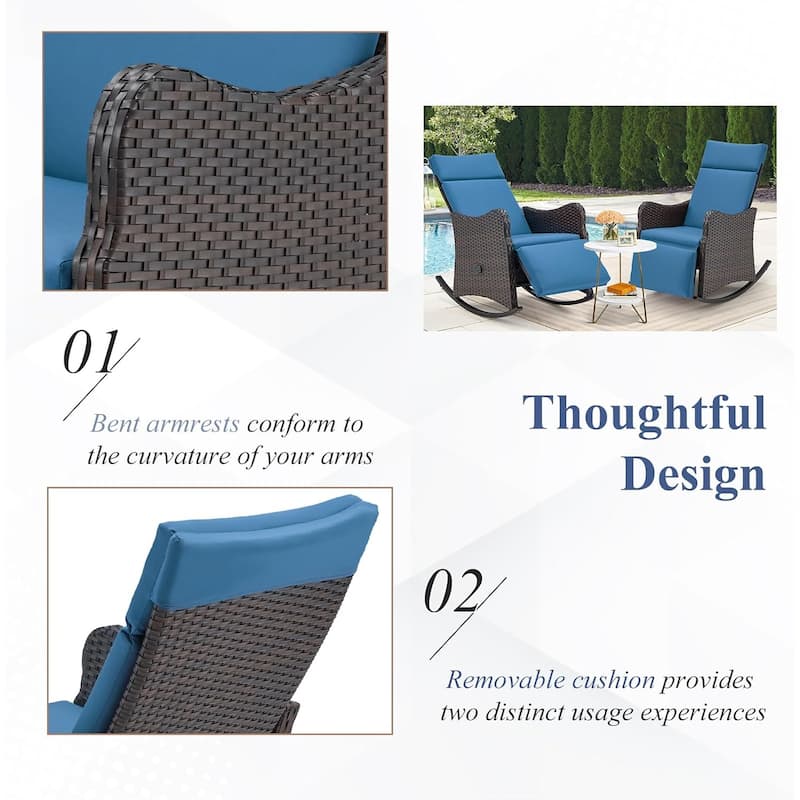 Outdoor Recliner Rocking Chairs with Soft Removable Cushions and Footrests