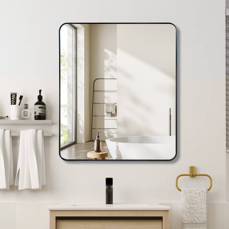 GDFStudio - Lucentia Luxury Modern Rectangular Bathroom Vanity Decorative Mirror with Metal Frame & Clean Architectural Profile - Black - 30" x 36"