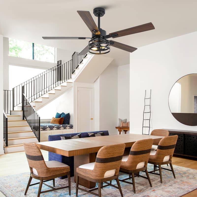 Vaczon 52" Industrial Reversible Wood 5-Blade Black Ceiling Fan with Light and APP Control