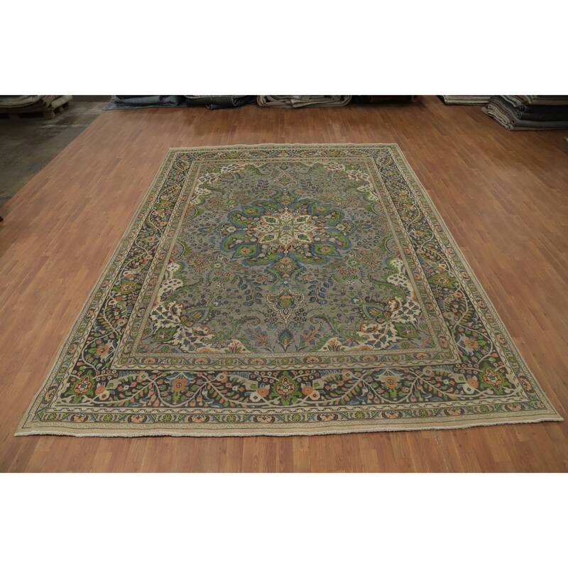 Hand Knotted Oriental 100% Wool Carpet Traditional Floral Greys & Charcoal Tabriz Area Rug - 12' 7'' X 9' 6''
