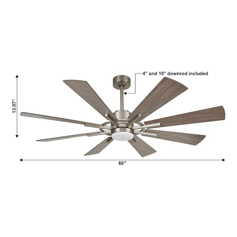60-inch Farmhouse Nickel 8-Blade Windmill Ceiling Fan with Light and Remote