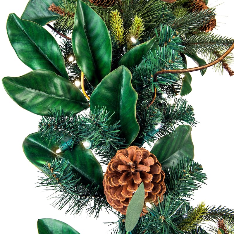9 ft. Artificial Garland with Lights - Magnolia Leaf - Green