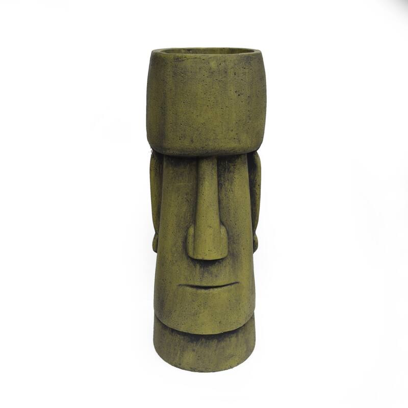 Outdoor stone statue planter with drainage hole, suitable for garden and patio.