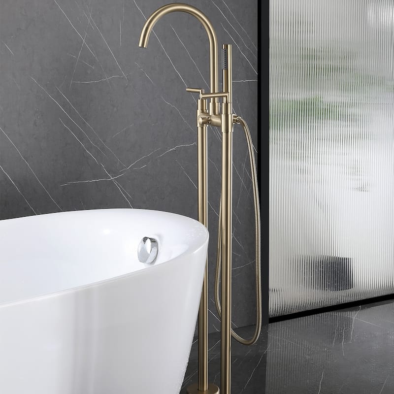 46"H Solid Brass 2-Handle Floor Mounted Tub Faucet with Diverter and Handheld Shower