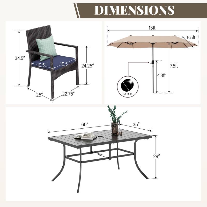 MAISON ARTS 7/8 Pieces Outdoor Patio Dining Set, 6 PE Rattan Chairs with Cushions and 1 Rectangle Metal Table