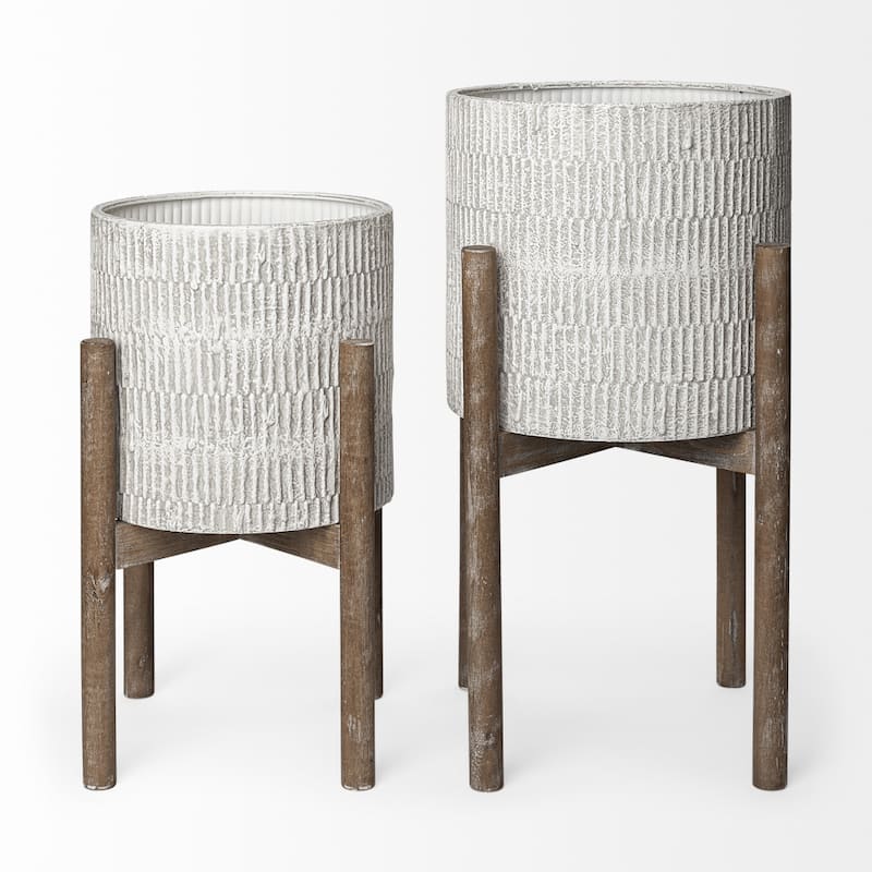 HomeRoots Set of Two Cream And Brown Ceramic And Wood Round Elevated Planters - 15.00 in. x 23.00 in. x 15.00 in.