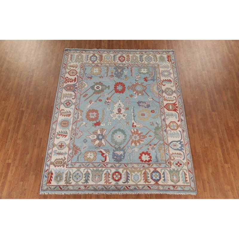 Light Blue Oushak Area Rug Hand-Knotted Oriental Wool Carpet - 7'11"x 9'11"