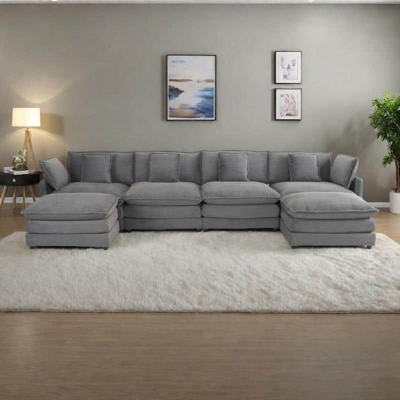 149.6" Corduroy U-Shaped Sectional Sofa with 2 Ottomans and Storage Pockets - DARK GREY