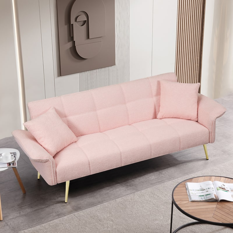 Futon Loveseat Sofa Bed, 70" Teddy Fabric Sleeper Couch with Adjustable Backrest & Armrests, Modern Convertible Futon Couch - Pink