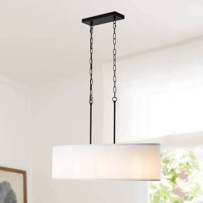 36.02-inch 4-light oval fashionable double chain chandelier with fabric lampshade - Black