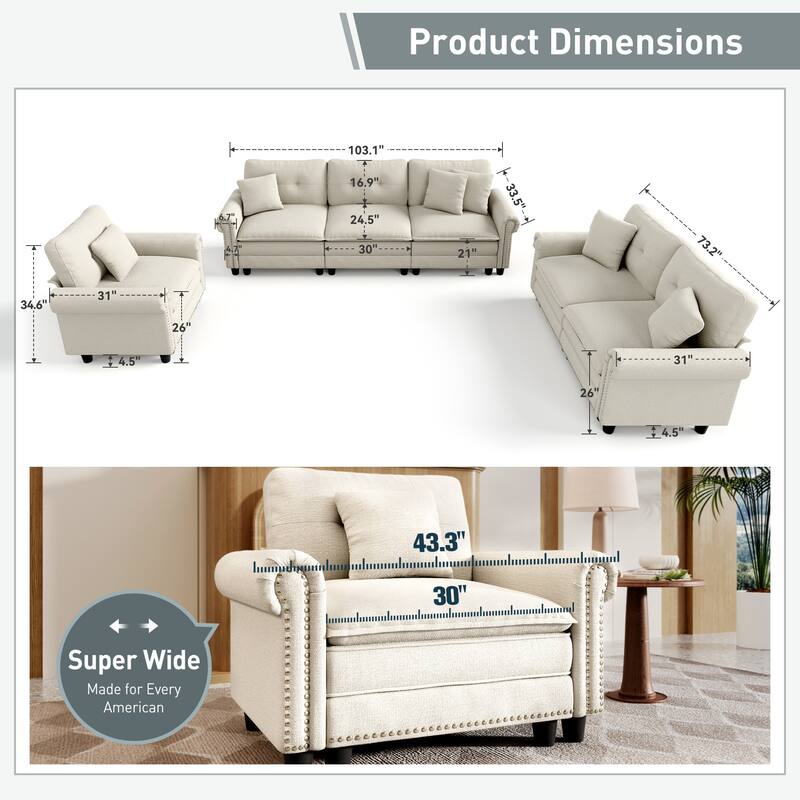 MASION ARTS 3-Piece Modular Sectional Sofa, Oversized Cloud Couch with Armchairs/Loveseats, Deep Seat Sofa (5–7 Seats)