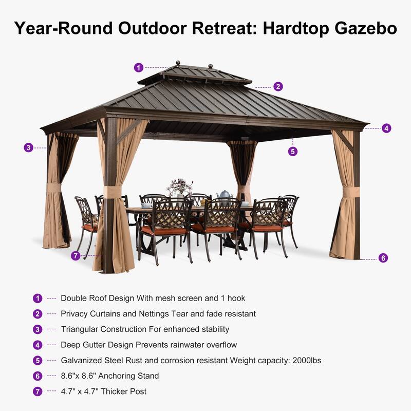 PURPLE LEAF Outdoor Gazebo Aluminum Frame Galvanized Steel Hardtop Gazebo