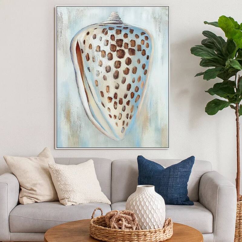 30 x 39 Hand Painted Dotted Sea Conch, Resin Coated, Warm Orange and Blue - Orange, Blue, White