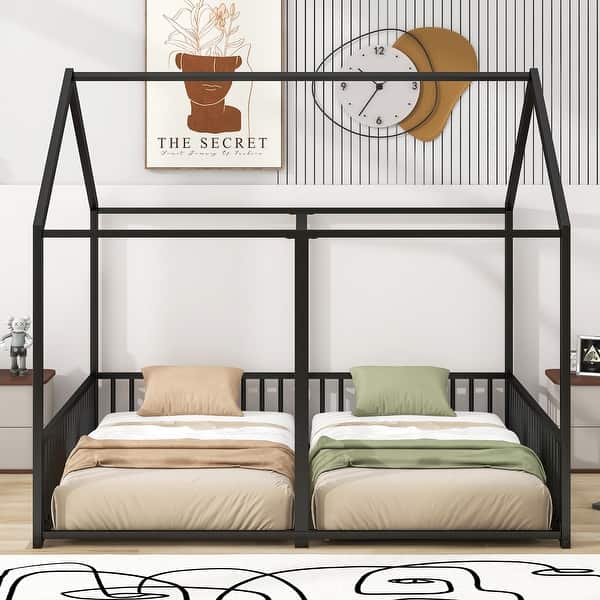 slide 2 of 12, Black Metal Frame House Bed Montessori Bed, Twin Side by Side Bed Black - Twin