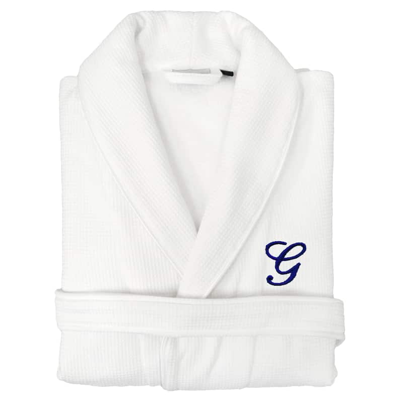 Authentic Hotel and Spa Unisex Navy Blue Monogrammed Turkish Cotton Waffle Weave Terry Bath Robe - G - S/M