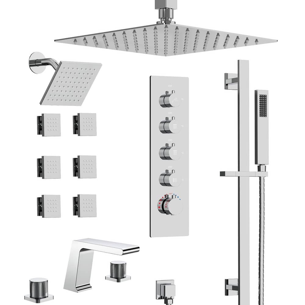 GRANDJOY Dual Shower Heads 16" Rainfall Shower System with 2-Handle Bathroom Sink Faucet Combo Set